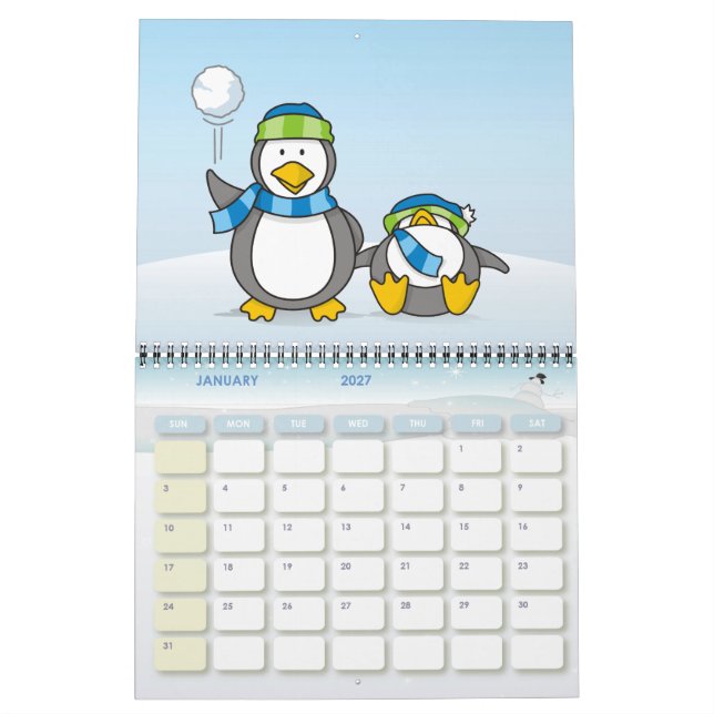 Calendário Pinguins jogando bolas de neve (Jan 2027)