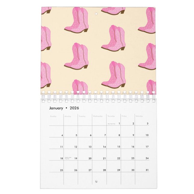 Calendário Pink Cowgirl Cowboy Boots Country Texas Ranch (Jan 2026)