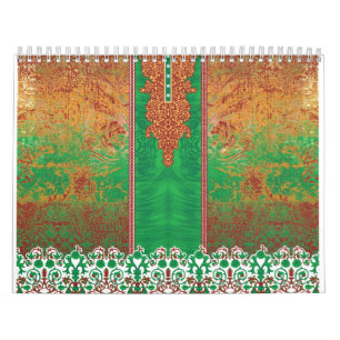 Calendário pintura de um campo verde com uma borda laranja