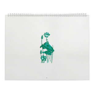 Calendário pintura de uma flor e de um peixe num fundo preto