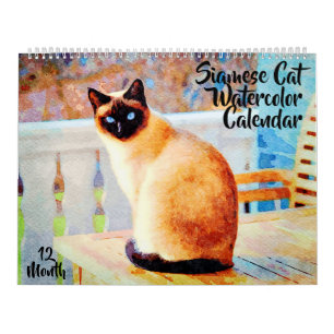 Calendário Pintura lindo da aguarela de 12 gatos Siamese do
