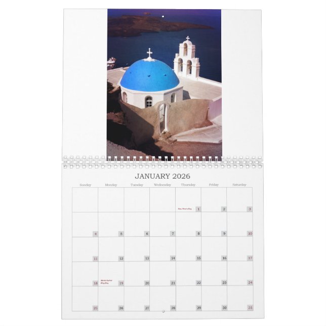 Calendário Piscina bonita de Santorini (Jan 2026)