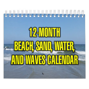 Calendário Praia de 12 Meses, Areia, Água e Ondas