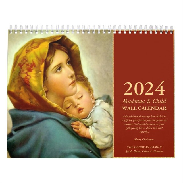 Calendário Presente tradicional de Natal de Madona e Criança