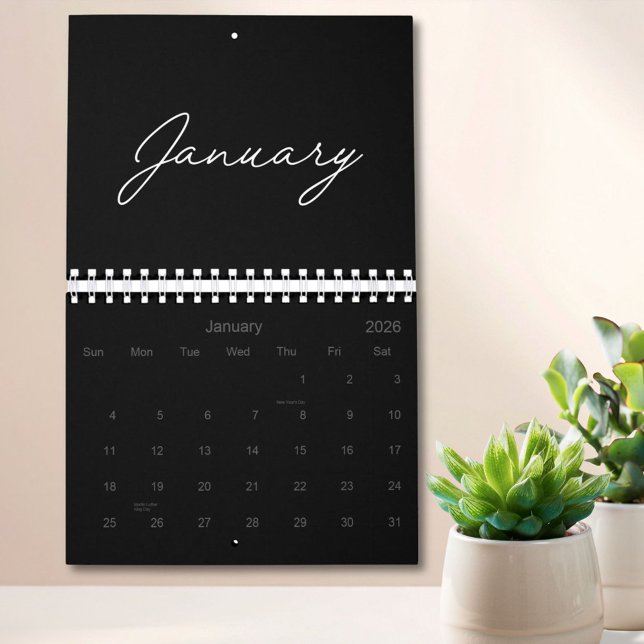 Calendário Preto e Branco Elegante Moderno Script 2026 (In situ)