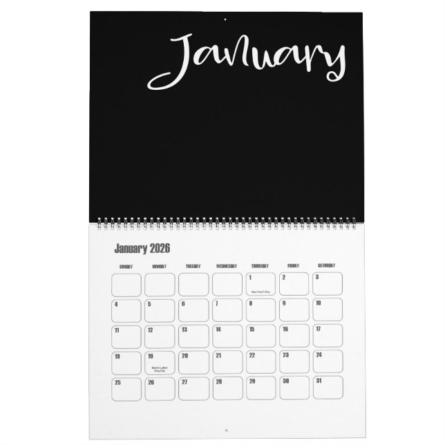 Calendário Preto e Branco Moderno (Jan 2026)