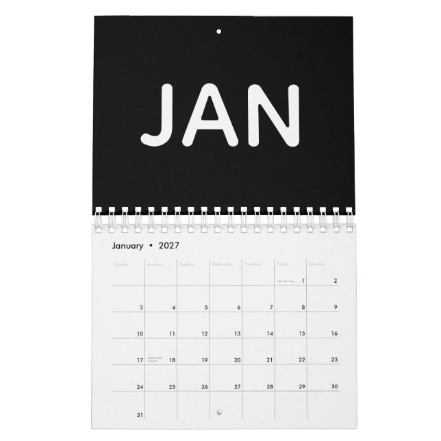 Calendário Preto e Branco Moderno 2026 (Jan 2027)