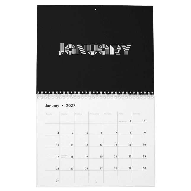 Calendário Preto Moderno e Branco (Jan 2027)