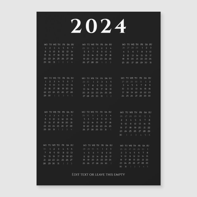 Calendário Preto, Moderno, Minimalista de 2024 (Frente)