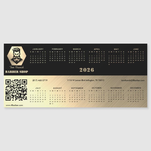 Calendário profissional de barbearia preto e doura (Frente)