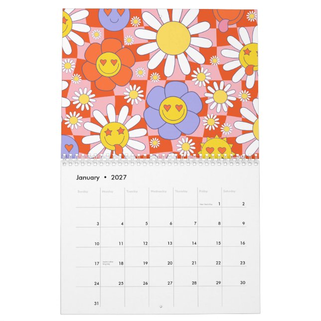 Calendário Quadro de controlo do Groovy Daisy Floral, Y2K 90s (Jan 2027)