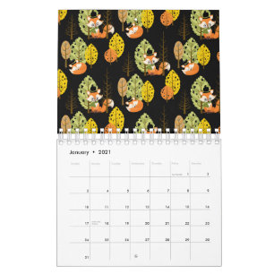 Calendário Raposa Laranja Árvores de Outono Floresta Noite Pr
