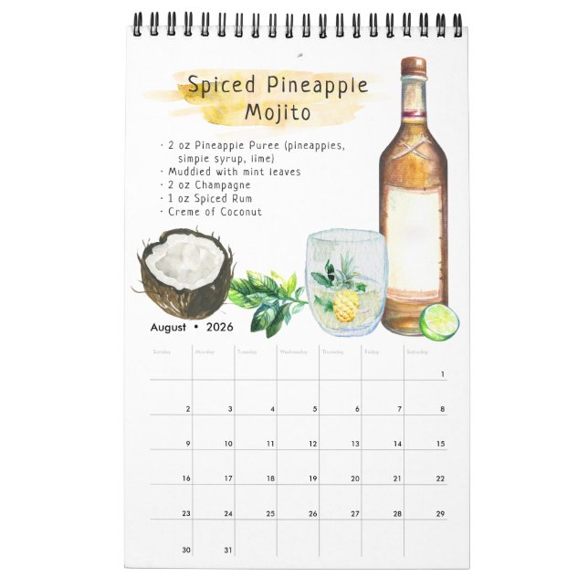 Calendário Receitas Favoritas de Cocktail | Aquarela Ilustrad (Ago 2026)