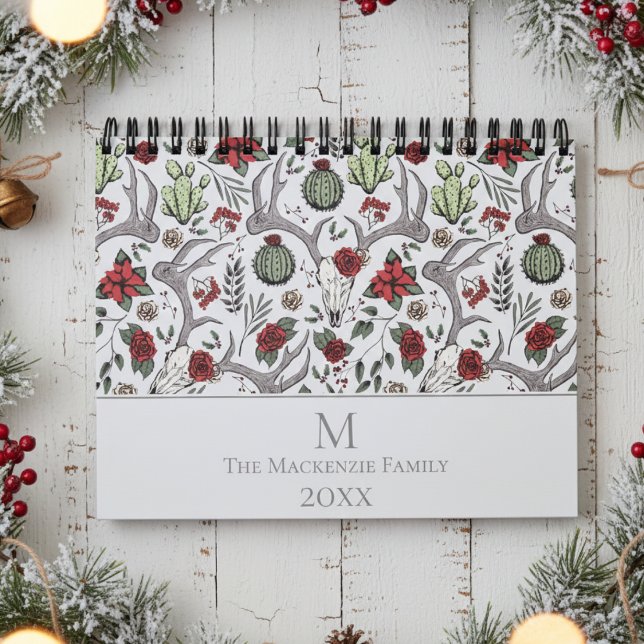 Calendário Reindeer Floral de Natal Deer Rosas do crânio Cact (Elegant Rustic Floral Reindeer Skull, Red Roses & Poinsettia Vintage Country Christmas Calendars )