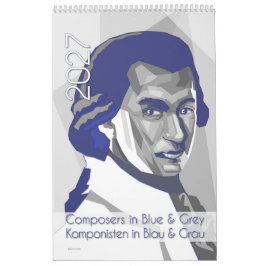 Calendário Retratos de Compositores Clássicos em Azul e Cinza