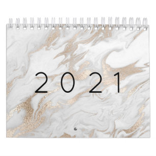 Calendário Rosa de Cinza de Prata Mínimo Marble White 2021 D