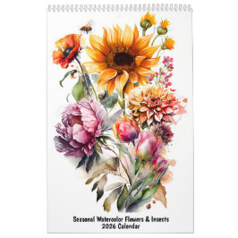 Calendário Seasonal Watercolor Flowers & Insects – 2026