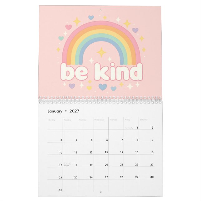 Calendário Seja Gentil – Positividade Arco-Íris Pastel (Jan 2027)