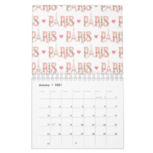 Calendário Silhueta da Torre Eiffel Paris Flores Coração Fran