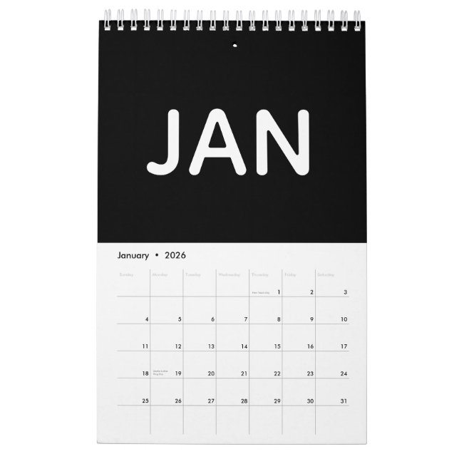 Calendário Simple Black and White Minimalist 2026 (Jan 2026)