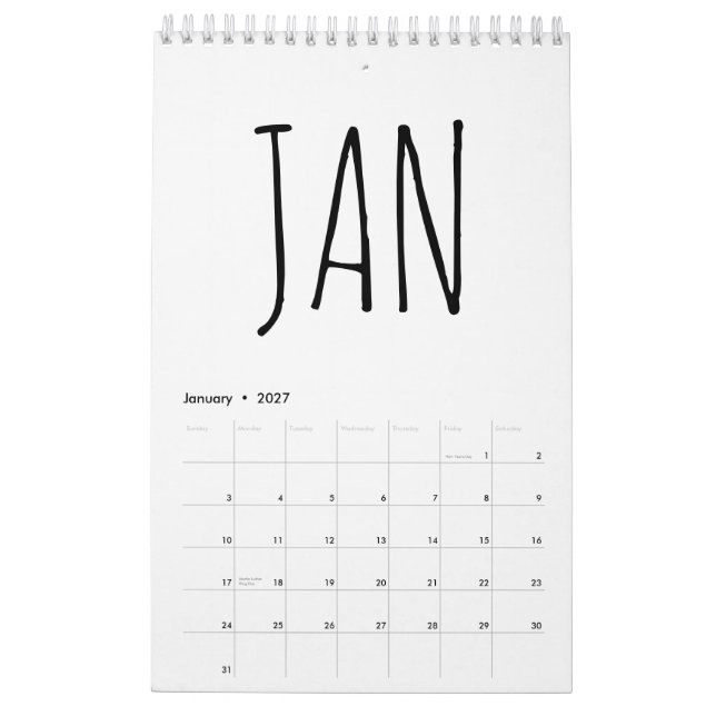 Calendário Simple Black and White Script Writing 2026 (Jan 2027)