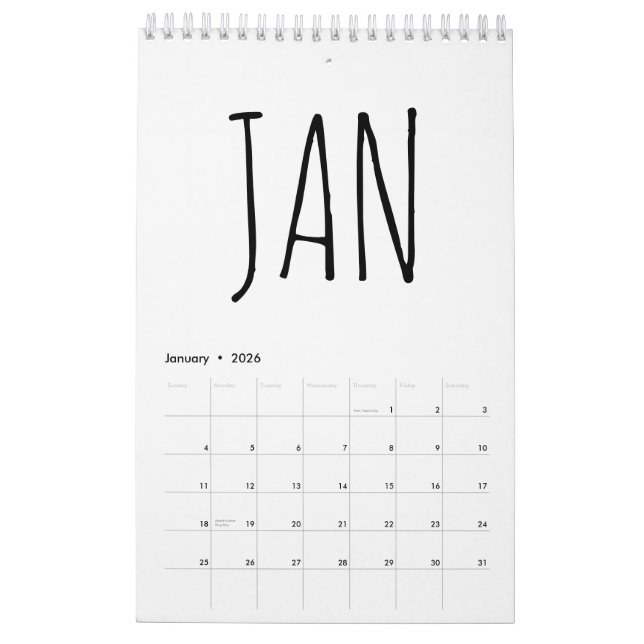 Calendário Simple Black and White Script Writing 2026 (Jan 2026)