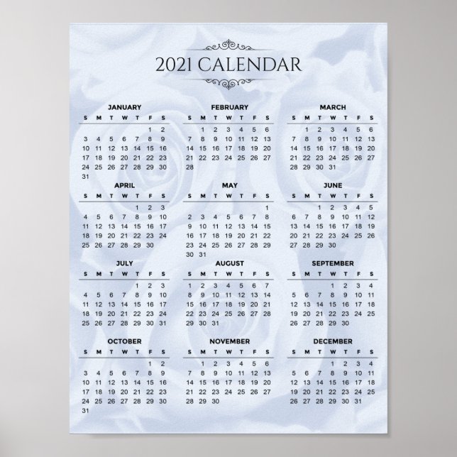 Calendário Simples 2021 no White Floral | POSTER (Frente)