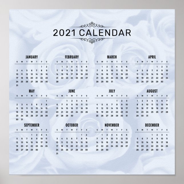 Calendário Simples 2021 no White Floral | POSTER (Frente)