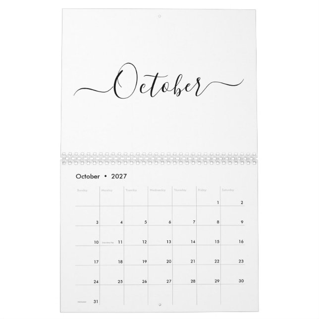 Calendário Simples, branco e preto, script personalizado no m (Out 2027)