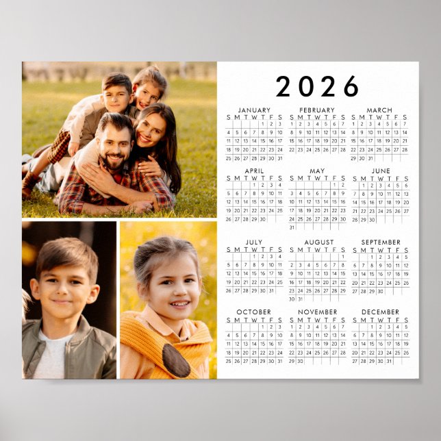 Calendário Simples de 2026 com 3 Fotos em Poster (Frente)