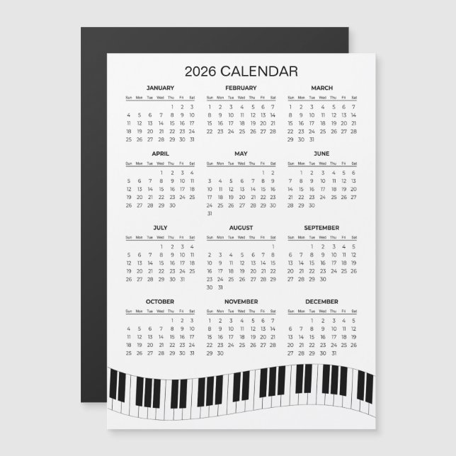 Calendário Simples de 2026 com Teclas de Piano | Í (Frente/Verso)