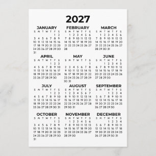 Calendário Simples de Vista Anual 2027 em Cartão