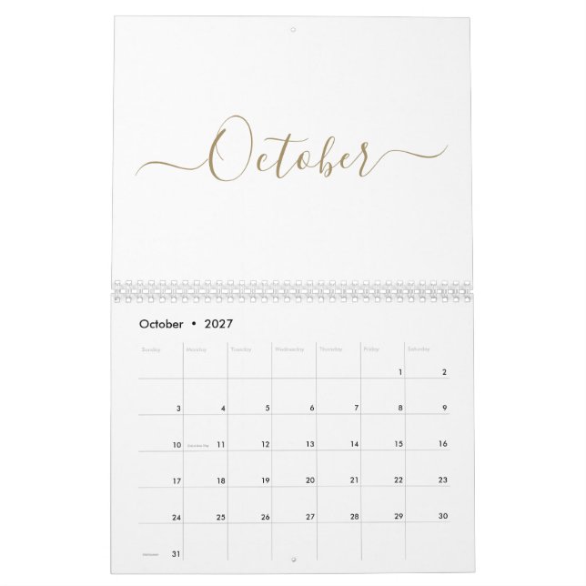 Calendário Simples, moderno, script branco e ouro personaliza (Out 2027)