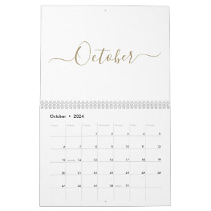 Calendário Simples, moderno, script branco e ouro personaliza