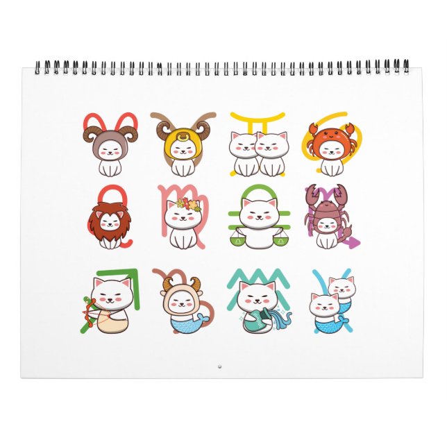 Calendário Sinal de Gato Zodiac Kawaii (Verso)