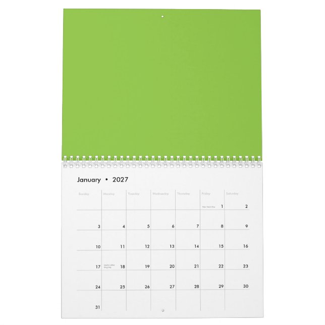 Calendário Site com fundo verde e borda branca (Jan 2027)