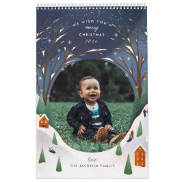 Calendário Snowy Village Winter Scene Photo de Natal