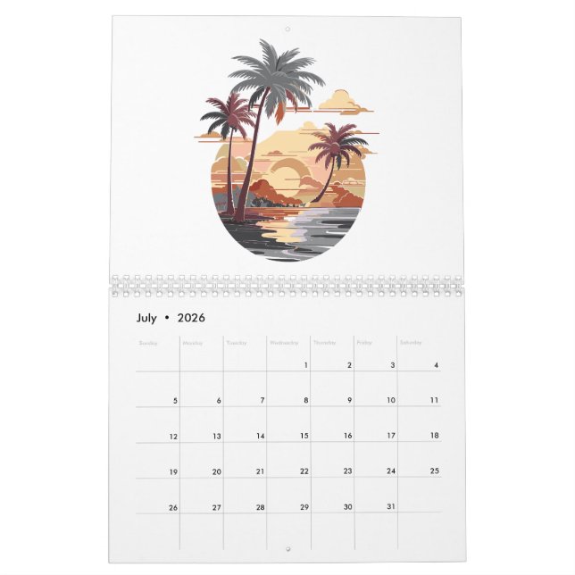 Calendário Sol havaiano com palmeira (Jul 2026)