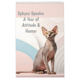 Calendário Sphynx Fala: Arte Mensal de Humor de Gato Editável