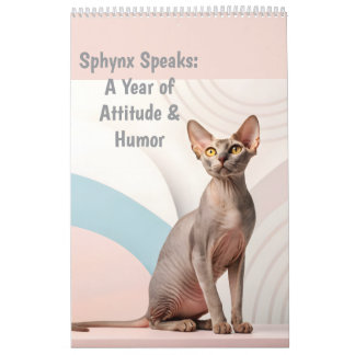 Calendário Sphynx Fala: Arte Mensal de Humor de Gato Editável