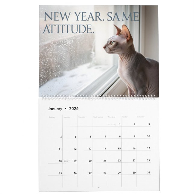 Calendário Sphynx Speaks: Editable Monthly Cat Humor Art (Jan 2026)