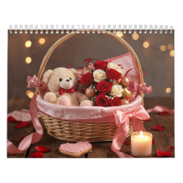 Calendário Teddy Rose Basket Romantic Valentine Desk 