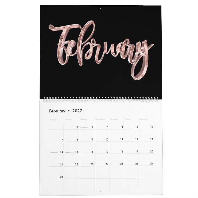 Calendário Típica Dourada de Script Rosa Rosa Preta Elegante (Fev 2027)