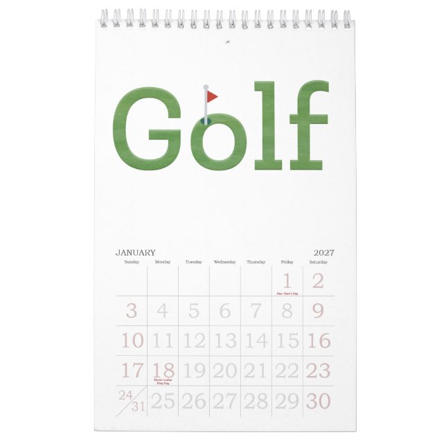 Calendário Tipografia de GOLF 2026 Parede Suspensa (Jan 2027)