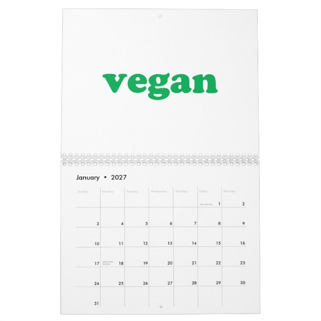 Calendário Tipografia moderna branca e verde do Vegan (Jan 2027)