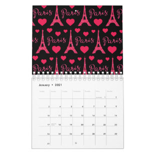 Calendário Torre Eiffel Paris França Corações Rosa Brilho