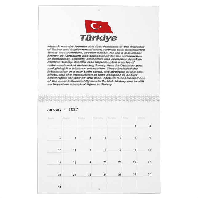 Calendário Turkiye Calender 100º aniversário da República (Jan 2027)