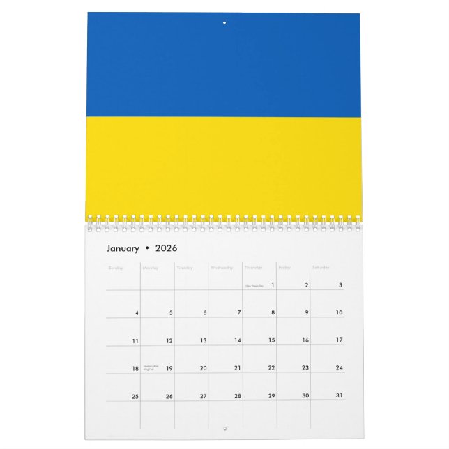Calendário Ucrânia sinaliza azul e amarelo patriótico moderno (Jan 2026)