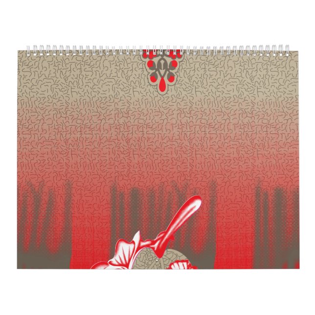 Calendário um cachecol vermelho e bege com uma fotografia de  (Capa)