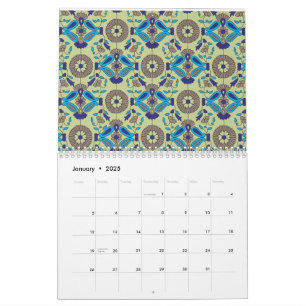 Calendário Um design de têxteis simétrico, de cor azul e/ou